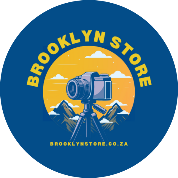 Logo of Brooklyn Store with a camera and mountain design on a blue circle background